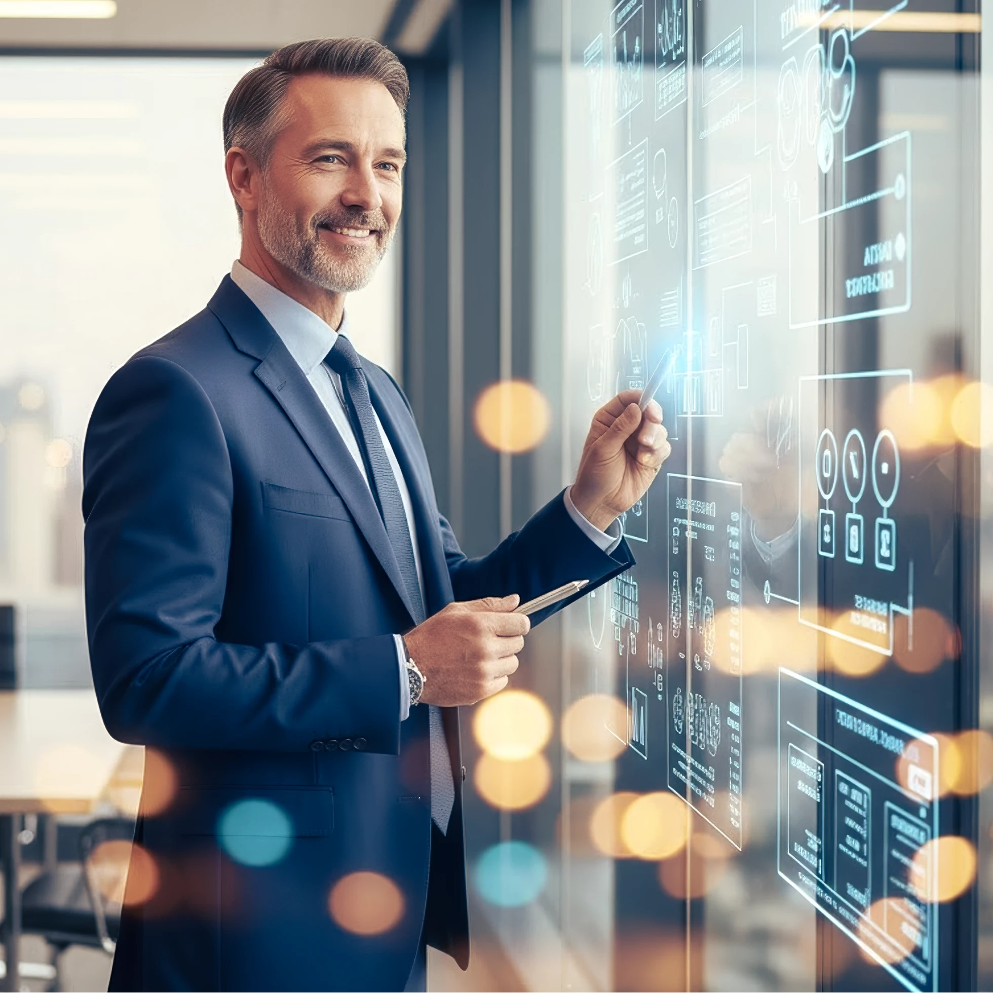 Geschäftsmann in modernem Büro erklärt Datenschutz im Unternehmen einfach und anschaulich an einem digitalen Whiteboard