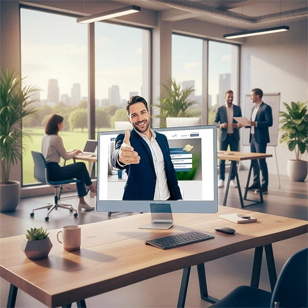 Modernes Büro mit Computerbildschirm, auf dem ein freundlicher Geschäftsmann die Hand zum digitalen Händedruck reicht – Symbol für die Bestellung eines Datenschutzbeauftragten im Unternehmen und die Meldung bei der Aufsichtsbehörde