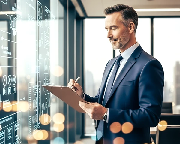 Geschäftsmann im Anzug überprüft Datenschutz-Dokumente auf einem digitalen Whiteboard – Datenschutz im Unternehmen einfach erklärt, mit Fokus auf Pflichten und Dokumentation.