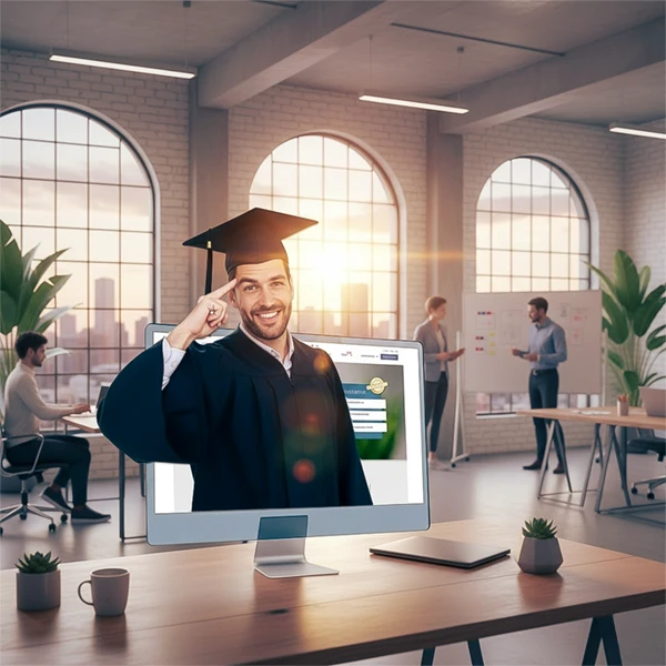 Symbolisches Bild zur Mitarbeiterschulung im Datenschutz: Ein lächelnder Mann mit Doktorhut erscheint auf einem Computerbildschirm in einem modernen Büro – steht für Sensibilisierung und Schulung von Mitarbeitern im Unternehmen