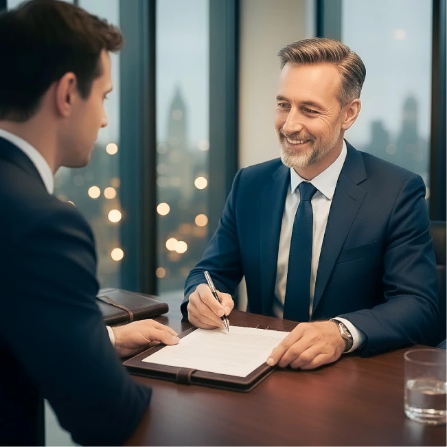 Geschäftsleute im Büro besprechen und unterzeichnen Verträge mit Dritt-Dienstleistern, um Datenschutzvorgaben im Unternehmen einzuhalten