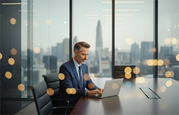 Geschäftsmann im modernen Büro arbeitet konzentriert am Laptop, um das Verzeichnis der Verarbeitungstätigkeiten für den Datenschutz im Unternehmen zu erstellen – Datenschutz im Unternehmen einfach erklärt.