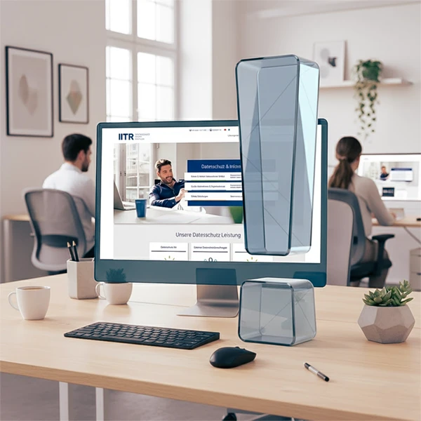 Modernes Büro mit Computerbildschirm, auf dem eine Datenschutz-Webseite angezeigt wird – Symbolbild für Webseiten-Datenschutzerklärung und Betroffeneninformation im Unternehmen – Datenschutz im Unternehmen einfach erklärt